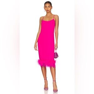 Amanda Uprichard Mariana Midi Dress Hot Pink feather trim XS some stains